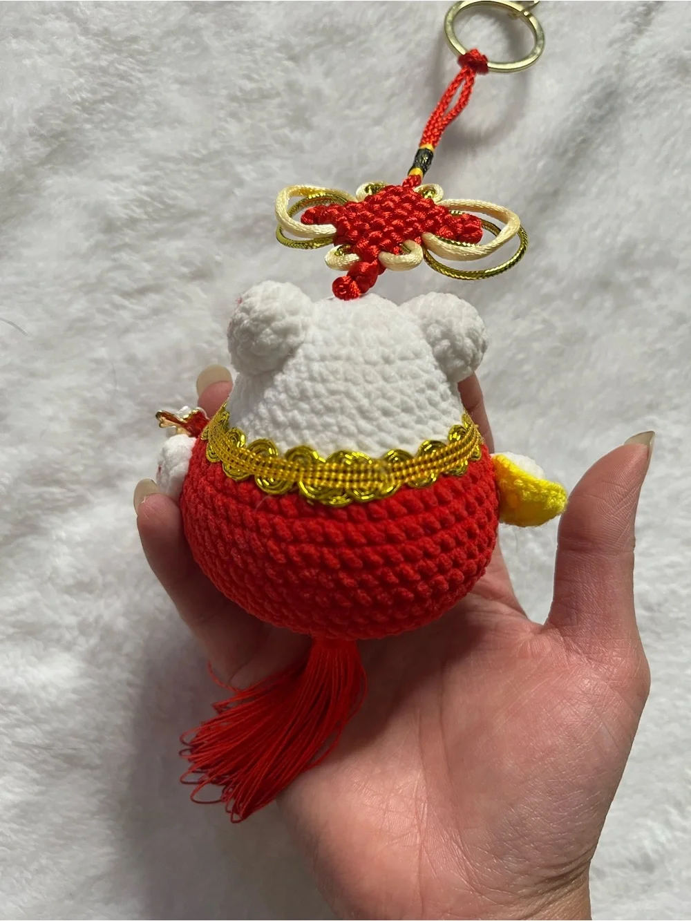 Chinese lucky cat new year Red and White Plush Cat Keychain Charm/car charm